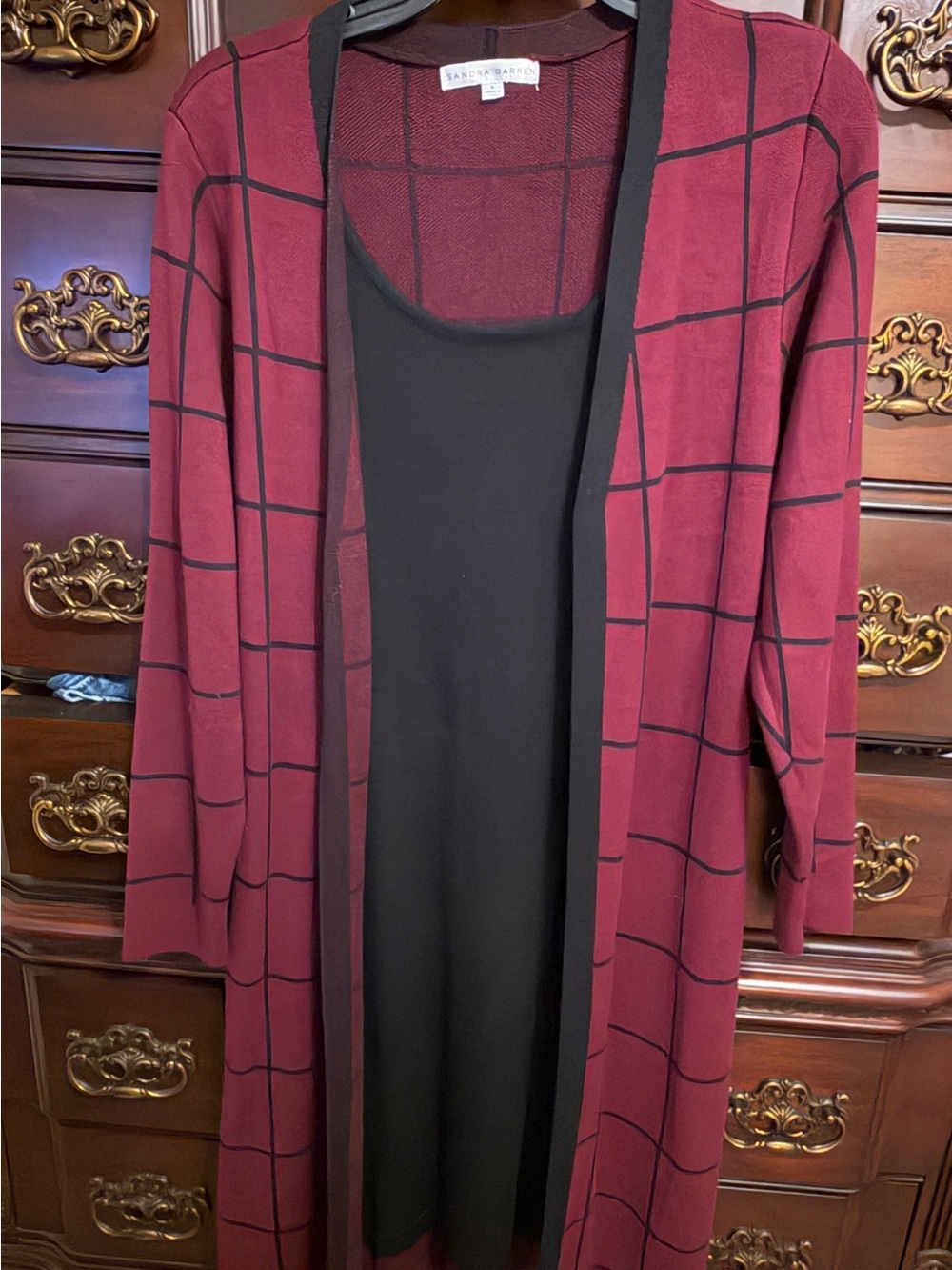 Lane Bryant Burgundy and Black Grid Open-Front Cardigan